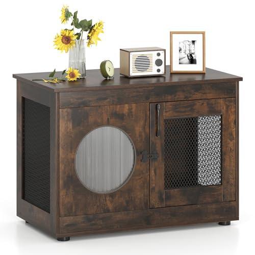 COSTWAY Hundekäfig Tierkäfig, Hundebox im Möbelstil mit Tür & PC-Fenster, Haustierkäfig für kleine und mittelgroße Hunde Katze Haustier, Beistelltisch für Zuhause, Hundehütte Braun, 82 x 47 x 60 cm