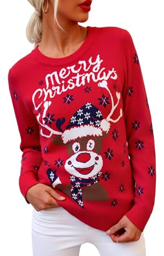 Wayleb Suéter de Navidad para Mujer Jersey de Punto Invierno con Reno y Estilo Festivo