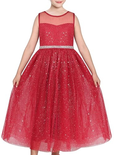 Sunny Fashion Robe Fille Rouge Briller Pointé Tulle Mesh Soir Noël an Festival Partie 10 Ans