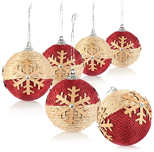 com-four® 6X Bolas de Navidad con Motivos navideños, Bolas de árbol de Navidad con Fundas de Tela para Navidad, Adornos para el árbol de Navidad (Beige/Rojo - 6 Piezas)