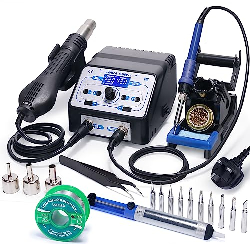 YIHUA 938BD+ I Soldering Iron Station & Hot Air Rework Station 2-in-1 w Adjustable Temperature Temperature Calibration Hot Air Start/Stop Sleep Mode LCD Display for Soldering Rework DIY UK Plug