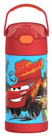 THERMOS FUNTAINER 12 Ounce Stainless Steel Vacuum Insulated Kids Straw Bottle, Cars
