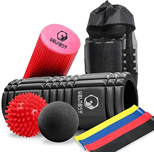 KIT de rouleaux en mousse Gelnest - Rouleau de massage 5-1 - Rouleau de massage musculaire pour les jambes - 2 rouleaux en mousse, balle de crosse Spikey et 4 bandes de résistance.
