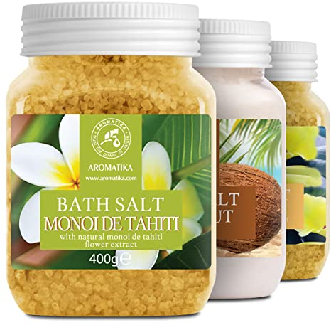 Meer Badesalz Set 3x400 g - Monoi de Tahiti - Vanille - Kokos - Bade Meersalz mit Ätherischen Ölen - Aromatherapie Badewanne - Körperpflege - Badezusatz - Badeduft - Schönheit
