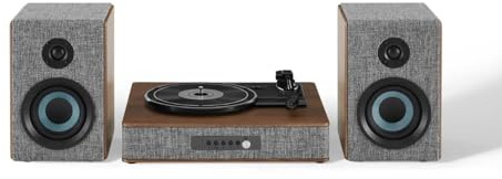 Crosley CR7020A-GY Aria - Tocadiscos Bluetooth de 3 velocidades y Sistema de Estante de Radio FM con Altavoces estéreo a Juego, Color Gris