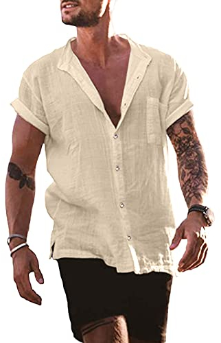 YAOBAOLE Oberhemd Herren Kurzarm Leinen Hemd Herren Regular Fit Strand, Outdoor, Reisen, Picknick, Dating Khaki 3XL