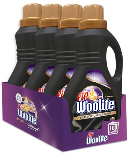 Lip Woolite Detersivo Lavatrice Capi Scuri, Neri e Jeans 25 Lavaggi, 4 confezioni da 1500 ml di Detersivo Lavatrice Liquido Capi Scuri con Cheratina