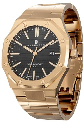 SAPPHERO Reloj Hombre Analógico Elegante | Movimiento Cuarzo Función Luminosa Indicador de Fecha | Reloj de Moda Plata Oro para Hombre de Negocios y Uso Diario
