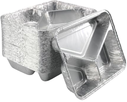 Enpack Aluschale R819-960G - 100 Stück Aluschalen Grill dreigeteilt 960ml - Wärmebehälter für Speisen - Fettauffangschale als Grill Zubehör, Food Container - feuerfeste Alu Grillschale