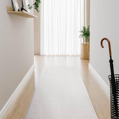Interiyou Toledo Teppich aus Baumwolle - 70x200 cm Weiß - Handgewebter Teppich mit Fransen für Wohnzimmer, Schlafzimmer, Kinderzimmer, Esszimmer, Küche oder Flur