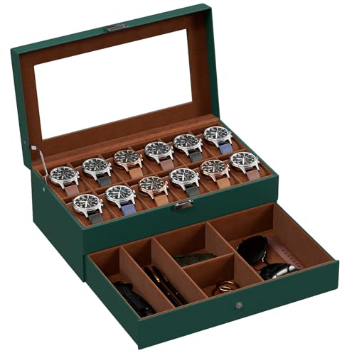 ProCase Porta Orologi a 12 Scomparti con Cassetto, Scatola Porta Orologi Uomo, Cofanetto Porta Orologi, Espositore Orologi a Doppio Strato con Coperchio in Vetro per Uomo Donna - Verde
