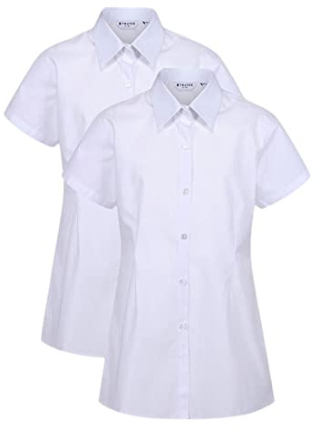 Trutex Basics Girls White School Shirts, Multipack – Short Sleeve Revere Collar Easy Iron Cotton-Rich Regular Fit School Blouses (2 Pack)