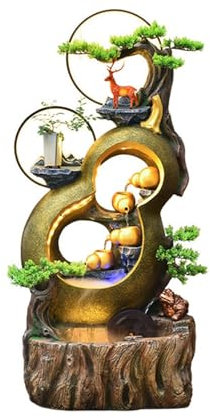 Fuente de Jardín Fuente de Agua con Luces LED y vegetación simulada, Fuentes de Agua de pie en Forma de Calabaza Fuente de Exterior(A,L)