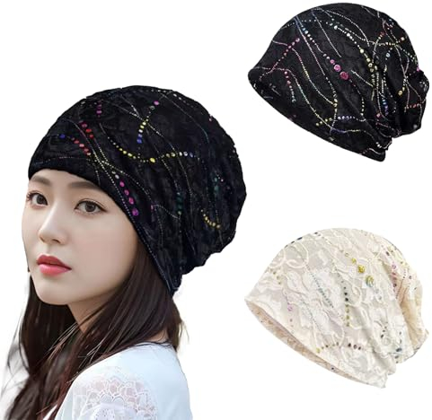 TYXHXTF 2 Pcs Damen Mütze Hut, Super Weich Slouchy Kopfbedeckungen Kopf Wraps, Beanie Spitze Turban für Frauen, Stretch Cap Sommer Dünn (Schwarz, Gebrochenes Weiß)