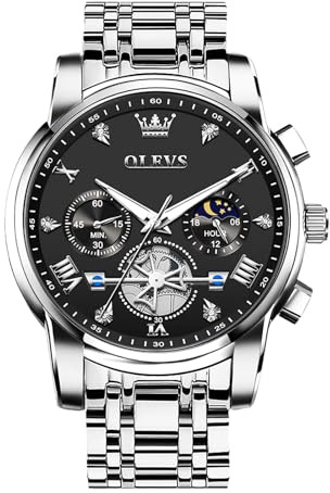 OLEVS Silber Armbanduhr Herren Edelstahl Modern Wasserdicht Uhren Herren Groß Schwarz Zifferblatt Lässiger Analog Kleid Herrenuhren mit Mondphase Leuchtende Chronograph Uhren für Männer Metallarmband