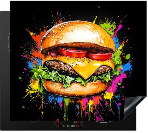 KitchenYeah© Protection Pour Plaque Induction 60x52 cm Plaque de Deco Cuisine Protégé Cache De Cuisson Vitroceramique Hamburger - Graffiti - Peinture - Coloré - Alimentaire - Abstrait