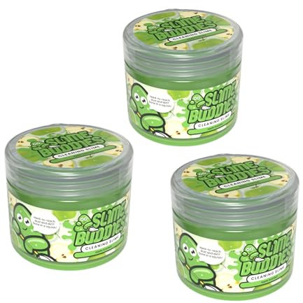 Slime Buddies Gel detergente, Ideale per Interni Auto, portabicchieri, tastiere e Altro Ancora, Riutilizzabile, Confezione da 3, Limone, Mela, Fragola, Mela