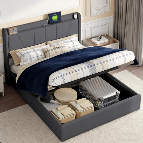 DAHUEN Letto Imbottito Matrimoniale 160x200 cm con USB Type C, Letto con Contenitore e rete a doghe, Lino, Grigio, Senza Materasso (Grigio, 160x200 cm)