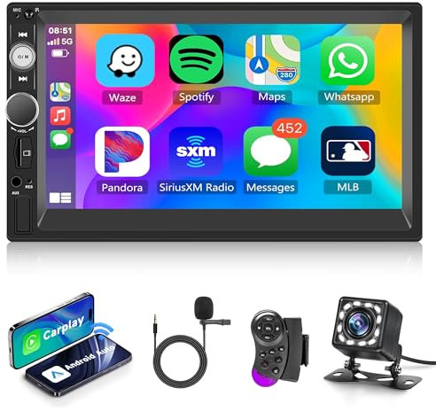 Rimoody Wireless Carplay Double Din Car Stereo, 7 Inch Touchscreen 2 Din Car Radio Head Unit with Android Auto Mirror Link, Bluetooth, FM, EQ SWC/USB/TF/AUX/UI Remote Control + Backup Camera