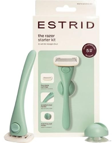 Estrid Rasierer jade Starterset, Damenrasierer Set mit 5-Klingen-System, Veganer Feuchtigkeitsstreifen, 2 Ersatzklingen, Wandhalterung, Grün