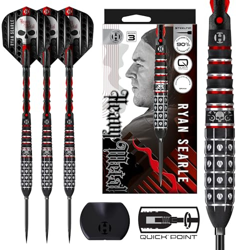 Harrows Ryan Searle Heavy Metal Series 3 90% Tungsten Darts, Steel Tip Darts with Quick Point System | 22g, 23g, 24g, 26g, 30g & 32g | With Quick Point Tool, Carbon ST Shafts & Silika Flights (32g)
