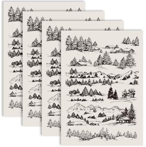PRESSINART 4 Hojas de Papel de Transferencia de Calcomanías Cerámicas para Porcelana con Patrón de Árboles de Montaña Negros Calcomanías Deslizables Bajo Esmalte para Cerámica Alfarería Manualidades
