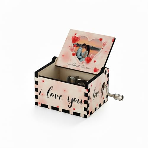 Getagift Personalised Photo & Couple Name Hand Crank Wooden Music Box – Romantic Gift for Valentine’s Day | Gift for Girlfriend, Boyfriend, Wife or Husband - No Battery Mechanical Music Box.