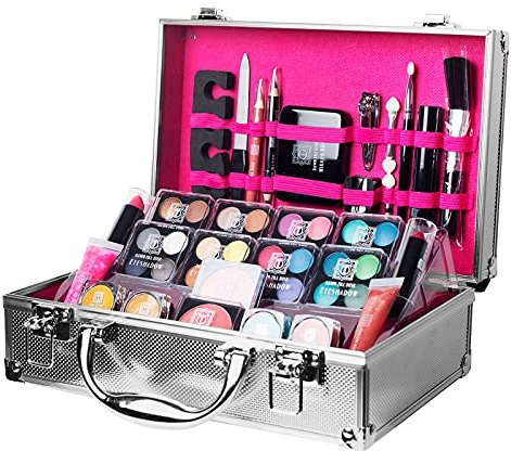 Dawn Till Dusk 54 Pieces Makeup Set with Travel Vanity Box by Envie, Includes Eyeshadow Palette, Lip Gloss, Lipsticks, Manicure Set, Makeup Brushes, Compact Mirror and Much More - (Silver)
