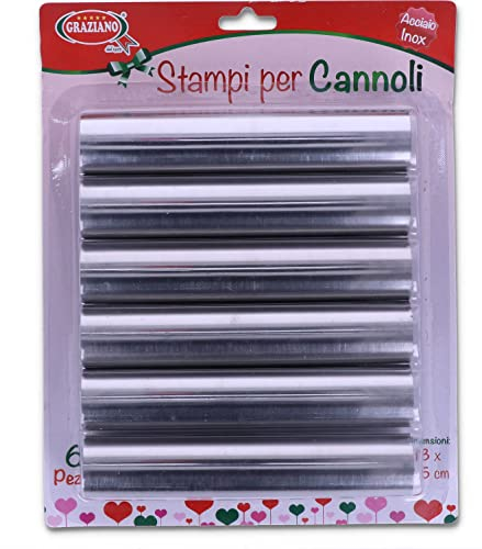 Graziano, Stampo per Cannoli, Set di 6 Stampi per Cannoli in Acciaio Inox per Realizzare Cannoli a Sfoglia e Cannoli Siciliani Fatti in Casa, 13 x 2,5 cm