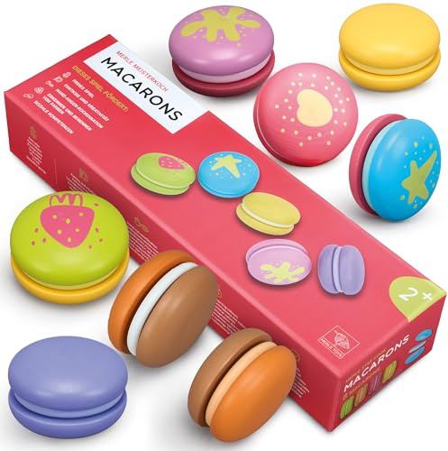 Merle Toys® Barnkökstillbehör av trä: 8 färgglada makroner med kardborreband för barn från 2 3 4 år, perfekt för lekkök, varubutik och köpmansbutiker