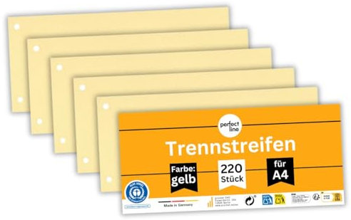 perfect line - 220 Trennstreifen für Ordner A4, Trennblätter aus Recycling-Karton, Farbe Gelb, gelocht, Made in Germany, Blauer Engel zertifiziert