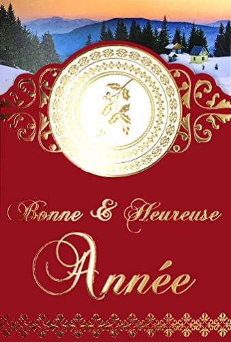 Carte Découpée Bonne Année Meilleurs Vœux Branche de Houx en Or Doré avec Enveloppe Village Forêt de Sapins de Noël sous la Neige Paysage Hiver Montagne Rouge Bordeaux Traditionnel Souhaits 61-4070-B