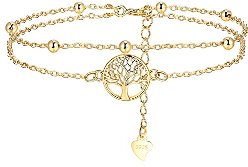 Lydreewam Arbre de Vie Bracelet pour Femme Argent Sterling 925 Double Chaînes Bracelet avec Boite Cadeau pour Noël Anniversaire Fête des mères, Réglable 17+4cm (Or)