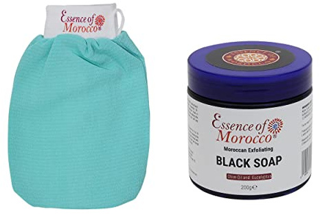 Moroccan Exfoliating Kessa Glove Blue Scrubbing Mitt with Natural Eucalyptus and Olive Oil Black Soap Scrub Savon Noir 200g / 7 OZ Helps Cleanse Skin Remove Fake Tan and Ingrown Hair Hammam Spa Pack