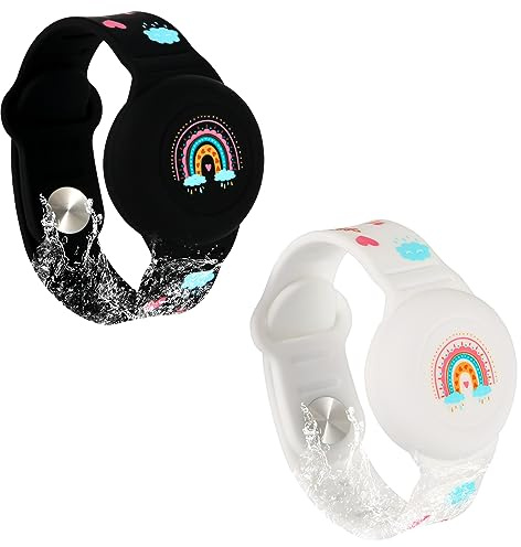 2st Barnarmband för AirTag, Boho Regnbågsmönster Barnarmband för Småbarnsäldre Justerbart Klockband för Barn Anti Lost för AirTag Fodralhållare för Att Dölja GPS Spårare (Svart, Vit)