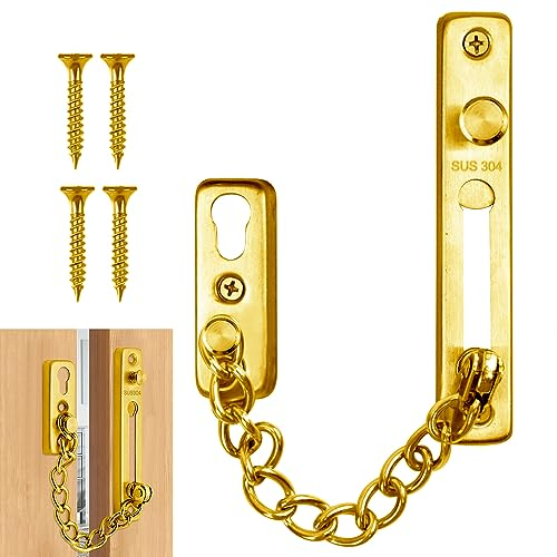 Chaîne de porte en acier inoxydable 304,entrebailleur de porte,securite porte d'entrée, chaine de porte d entree, chaine de sécurité, crochet pour entrebailleur une porte (doré élégant)