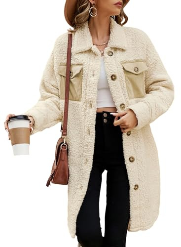 EVALESS Fuzzy Fleece Jackets for Women Fashion Button Down Lapel Long Teddy Coat Fall 2025 Outfits Long Sleeve Jacket Faux Fur Warm Winter Outwear with Pockets Beige Medium