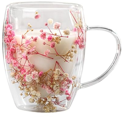 Genikeer Taza De Vidrio Transparente, Taza De Vidrio De Doble Pared con Flores Secas 350ml, Taza De Café Doble Cristal, Vasos Térmicos De De Doble Pared para Cafe Té Capuchino Jugo Espresso Latte