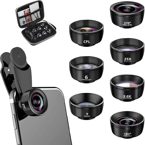 7 in 1 Handy Objektiv Linse Kit, Lens Set 120° Weitwinkel + 210° Fisheye Objektiv + 25X Makro + Kaleidoskop-Linsen, 2X Porträt Spiegel, CPL, Star Objektiv für Meisten Smartphone Tablets