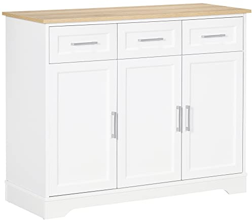 HOMCOM Credenza Moderna da Cucina a 3 Cassetti e 3 Ante in MDF, Mobile Multiuso con Ripiano Regolabile per Cucina e Soggiorno, 101x39x82 cm, Bianco