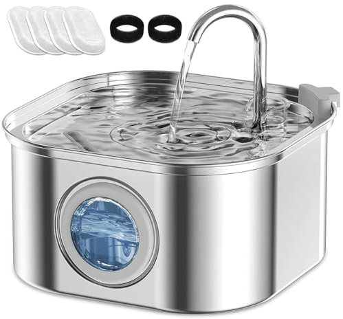 AQXONG Trinkbrunnen für Haustiere aus Edelstahl, 3.2L Trinkbrunnen für Katzen, Ultraleiser Katzenbrunnen mit LED Licht, Mehrfachfilterung, 4 Filterpatronen + 2 Filterwatte