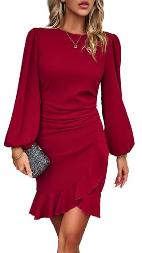 HUXRAKV Femme Elégante Robe d'affaires Manches Longues Bodycon Vintage Ruffle Manches Robe Midi de Soirée Formelle,WD21-Rouge,XL
