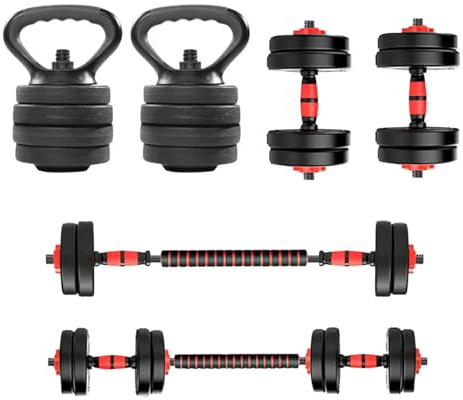 EIGFOH Juego de Mancuernas 4 en 1 10/15/20/30/40/50KG Con Pesa Rusa, Barra Recta de Conexión, Mangos Antideslizantes, Pesas Ajustables, Gimnasio en Casa (Rojo 10KG)