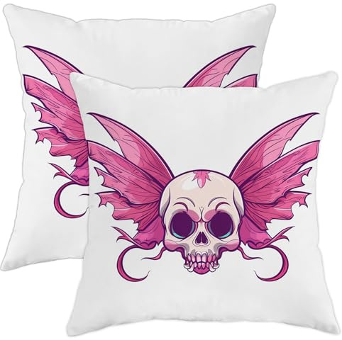 Juego de 2 fundas de almohada de Halloween, calavera de melocotón con alas góticas, fundas de cojín cuadradas decorativas espeluznantes para el hogar, sofá, cama, sofá, 16 x 16 pulgadas