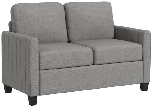 HOMCOM 2 Seater Sofa, Channel Tufted Modern Fabric Couch, Comfy Upholstered Small Sofa Loveseat with Spring Cushion, Back Pillow, for Living Room, Bedroom, Office, Light Grey