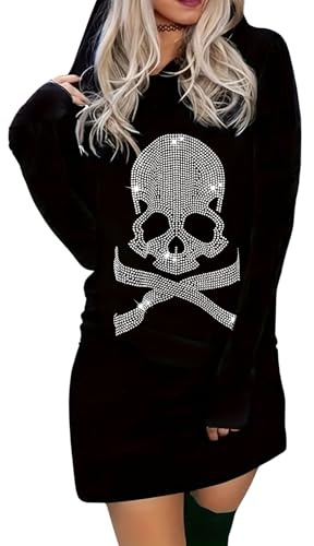 EVELUST Halloween Skull Gothic Sweatshirt Women - Goth Skeleton Vintage Top Pattern Rhinestone Hoodie Black Casual Long Sleeve Y2k Clothes(Black,2XL,11561w)