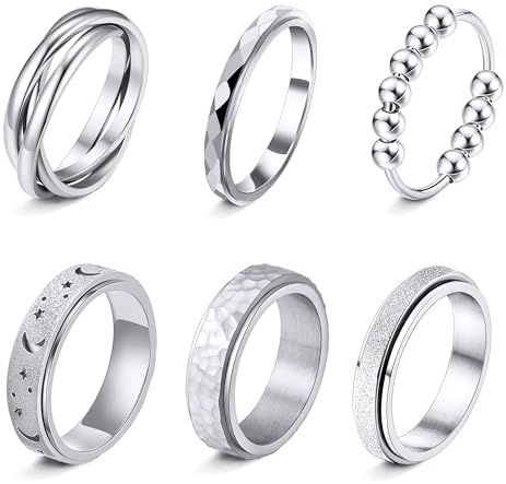 LOFITOR 6PCS Anello Antistress Anti Ansia Anelli Spinner Ansia Alleviare Fidget Band Anello Set per Donne Uomini Acciaio Inossidabile Rotante Anelli Anti Stress CZ Luna Stella