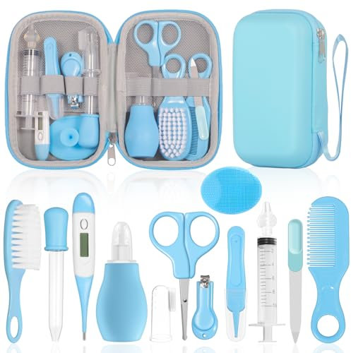 GLOSKIN Kit Bebe Recien Nacido, Juego de 13 Piezas, Cosas para Bebes Recien Nacidos,Equipado con Tijeras de Uñas, Peines y Otros Conjuntos de Atención de Seguridad para Bebés, Kit Higiene Bebe (Azul)