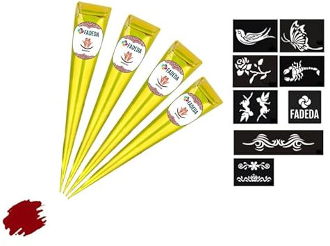 4 coni di henné FADEDA | 4 x 25 g pasta naturale | marrone castagno (rosso-marrone) | 8 diversi stencil adesivi | 100% vegetale | pronto all'uso e senza PPD