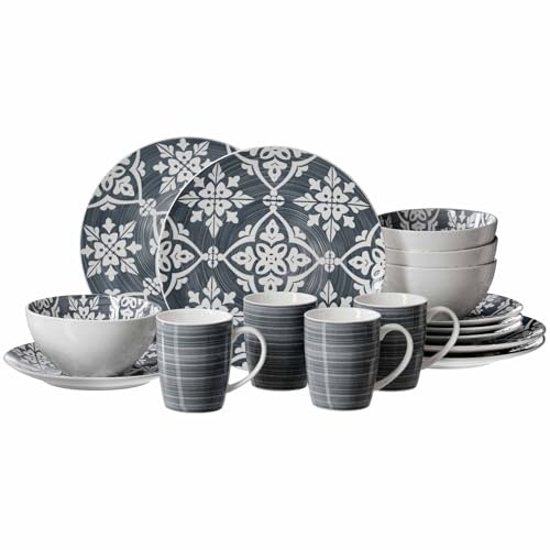 Ritzenhoff & Breker Salina Service combiné de 16 pièces pour 4 personnes, assiettes, bols et gobelets avec ornement méditerranéen, passe au lave-vaisselle, porcelaine, bleu fumé